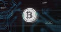 Image of interference over bitcoin symbol, data processing and computer circuit board Royalty Free Stock Photo