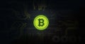 Image of interference over bitcoin symbol, data processing and computer circuit board Royalty Free Stock Photo