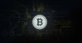 Image of interference over bitcoin symbol, data processing and computer circuit board Royalty Free Stock Photo