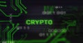 Image of interference over crypto text, data processing and computer circuit board Royalty Free Stock Photo