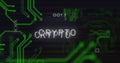 Image of interference over crypto text, data processing and computer circuit board Royalty Free Stock Photo