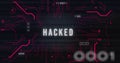 Image of interference over hacked text, data processing and computer circuit board