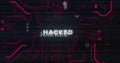 Image of interference over hacked text, data processing and computer circuit board