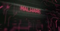 Image of interference over malware text, data processing and computer circuit board