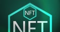 Image of interference over nft text in neon hexagon on blue background