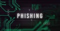 Image of interference over phishing text, data processing and computer circuit board Royalty Free Stock Photo