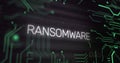 Image of interference over ransomware text, data processing and computer circuit board Royalty Free Stock Photo