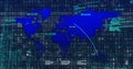 Image of interference over world map and data processing on black background