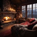 Image Interior of a cozy living room with a fireplace, winter ambiance