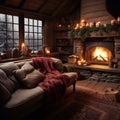 Image Interior of a cozy living room with a fireplace, winter ambiance