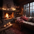 Image Interior of a cozy living room with a fireplace, winter ambiance