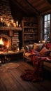 Image Interior of a cozy living room with a fireplace, winter ambiance