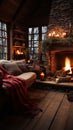 Image Interior of a cozy living room with a fireplace, winter ambiance