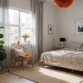 Interior design of elegant bedroom with big orange bed, beige and grey bedclothes, blue curtain, rug, modern lamp, night Royalty Free Stock Photo