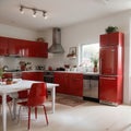 Interior of light kitchen with red fridge white counters and dining table Royalty Free Stock Photo