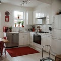 Interior of light kitchen with red fridge white counters and dining table Royalty Free Stock Photo