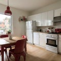 Interior of light kitchen with red fridge white counters and dining table Royalty Free Stock Photo