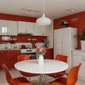 Interior of light kitchen with red fridge white counters and dining table Royalty Free Stock Photo