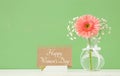 Image of International women day concept with beautiful flower in the vase on wooden table. Royalty Free Stock Photo