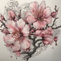 image of a intricate watercolor baroque sakura blossom, tattoo design and outline.