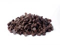 An image isolated close-up group chocolate chips for cookie bake is a food ingredient chip that taste sweet on white background