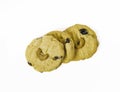 An image isolated flat lay or top view three cookie is a biscuit mix chocolate chip and nut for a baked breakfast on white