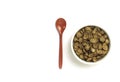 An image isolated and top view cocoa cereal in the bowl with a red spoon and which is a breakfast food fresh with copy space for