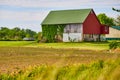 Italian colors on red and white barn with green ivy growing on siding and farm with young crops Royalty Free Stock Photo