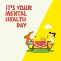 Image of its your mental health day and women drinking tea on white and yellow background