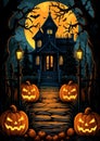 A jack o lantern flickering on a front porch halloween frame border Royalty Free Stock Photo