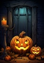 A jack o lantern flickering on a front porch halloween frame border Royalty Free Stock Photo