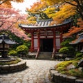 Japan autumn image. Bishamon-do temple in Kyoto city. Japanese red momiji maples. made with Generative AI