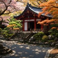 Japan autumn image. Bishamon-do temple in Kyoto city. Japanese red momiji maples. made with Generative AI