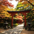 Japan autumn image. Bishamon-do temple in Kyoto city. Japanese red momiji maples. made with Generative AI