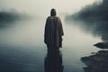 Image of Jesus Christ dressed in tunic standing in water for baptism. Royalty Free Stock Photo