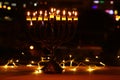 Top view image of jewish holiday Hanukkah background with traditional spinnig top, menorah & x28;traditional candelabra& x29; Royalty Free Stock Photo