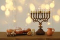 Image of jewish holiday Hanukkah background with traditional spinnig top, menorah & x28;traditional candelabra& x29; Royalty Free Stock Photo