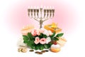 Image of Jewish holiday Hanukkah with menorah , donuts, wooden dreidels , chocolate coins,