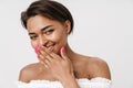 Image of joyful african american woman laughing on camera