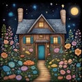 image of karla gerard beautiful fairyland cottage surrounded by gorgeous flowery plants art style.