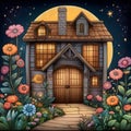 image of karla gerard beautiful fairyland cottage surrounded by gorgeous flowery plants art style.