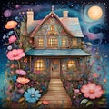 image of karla gerard beautiful fairyland cottage surrounded by gorgeous flowery plants art style.