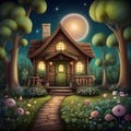 image of karla gerard beautiful fairyland cottage surrounded by gorgeous flowery plants art style.