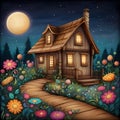 image of karla gerard beautiful fairyland cottage surrounded by gorgeous flowery plants art style.