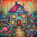 image of karla gerard beautiful fairyland cottage surrounded by gorgeous flowery plants art style.