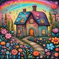 image of karla gerard beautiful fairyland cottage surrounded by gorgeous flowery plants art style.