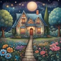 image of karla gerard beautiful fairyland cottage surrounded by gorgeous flowery plants art style.