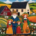 image of karla gerard style mixed with Loish style of an Irish farmer,wife,children in front of their barn.