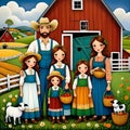 image of karla gerard style mixed with Loish style of an Irish farmer,wife,children in front of their barn.