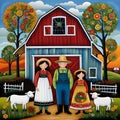 image of karla gerard style mixed with Loish style of an Irish farmer,wife,children in front of their barn.